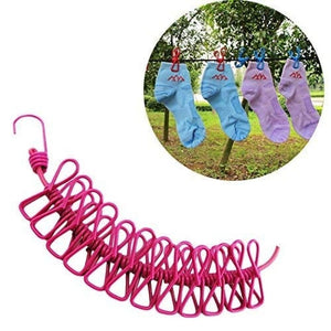 Multi Functional Portable Drying Rope with 12 Clips and 2 Hooks, Travel Clothesline Rope Clothes Hanging Hook, Adjustable Clothes with 12pcs Clothespins Portable Clothesline, Outdoor Indoor Wind-Proof Clothesline ( Multicolour )